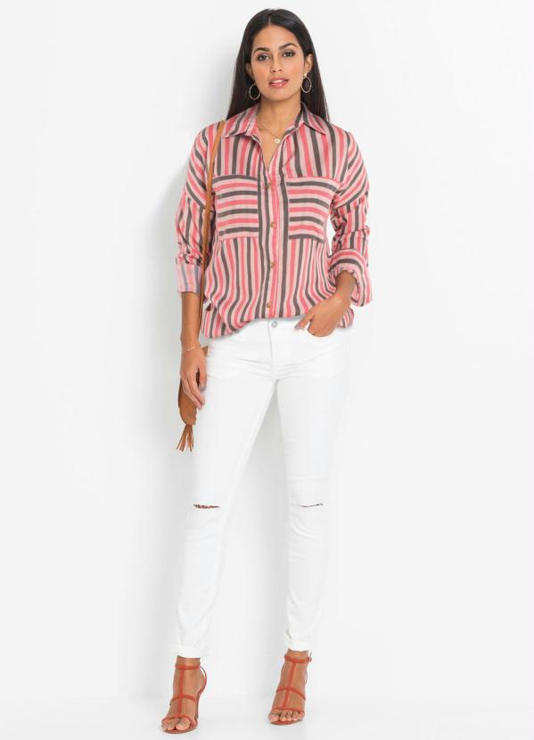 bonprix - Camisa Ampla com Bolsos Listrada Rosa 3