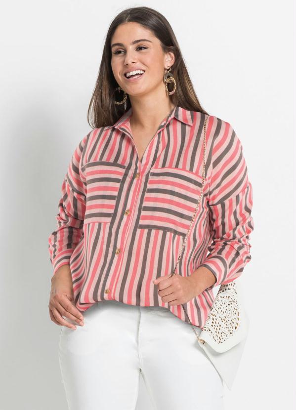 bonprix - Camisa Ampla com Bolsos Listrada Rosa 4