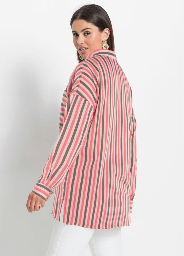 bonprix - Camisa Ampla com Bolsos Listrada Rosa 5