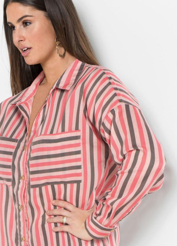 bonprix - Camisa Ampla com Bolsos Listrada Rosa 7