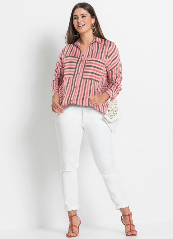 bonprix - Camisa Ampla com Bolsos Listrada Rosa 8