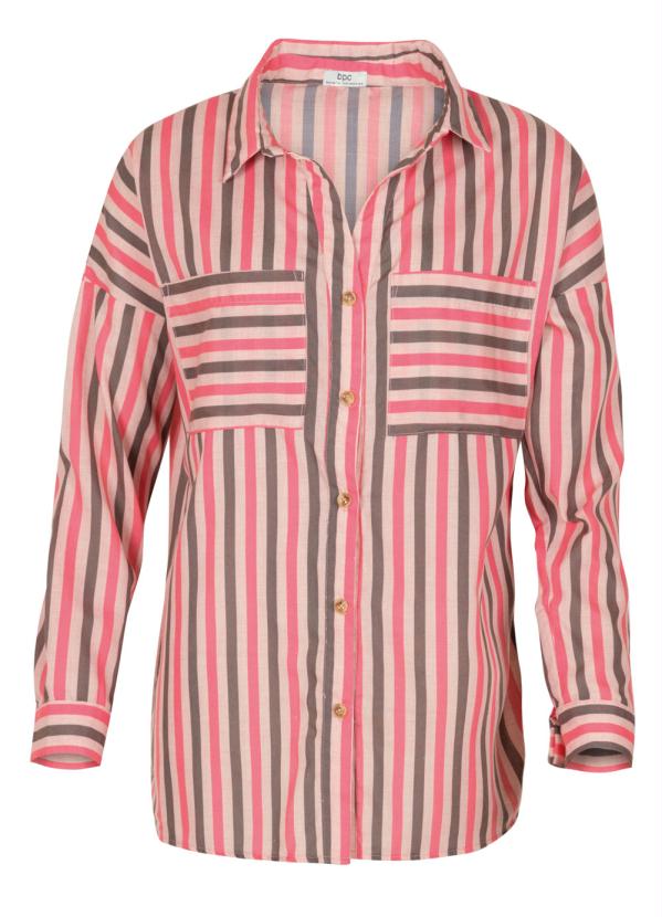 bonprix - Camisa Ampla com Bolsos Listrada Rosa 9