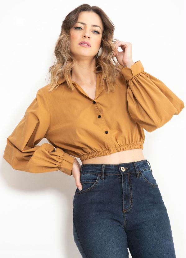 Colcci - Camisa Cropped de Tricoline Marrom