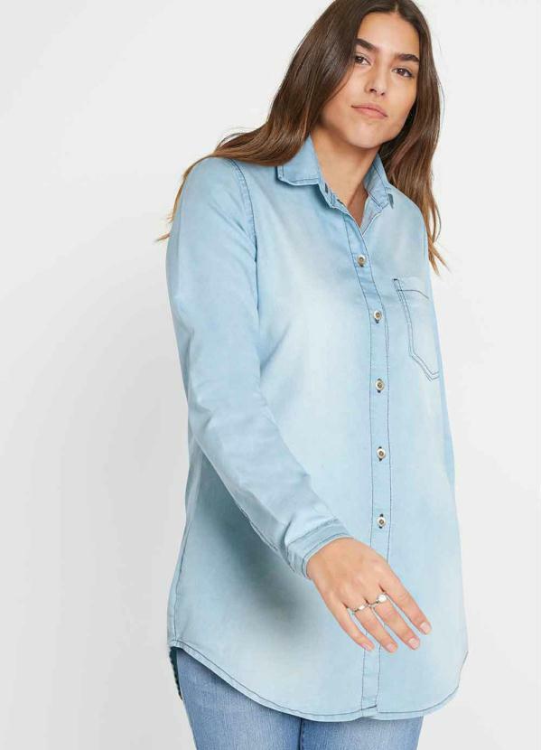 bonprix - Camisa Jeans com Bolso Azul Claro