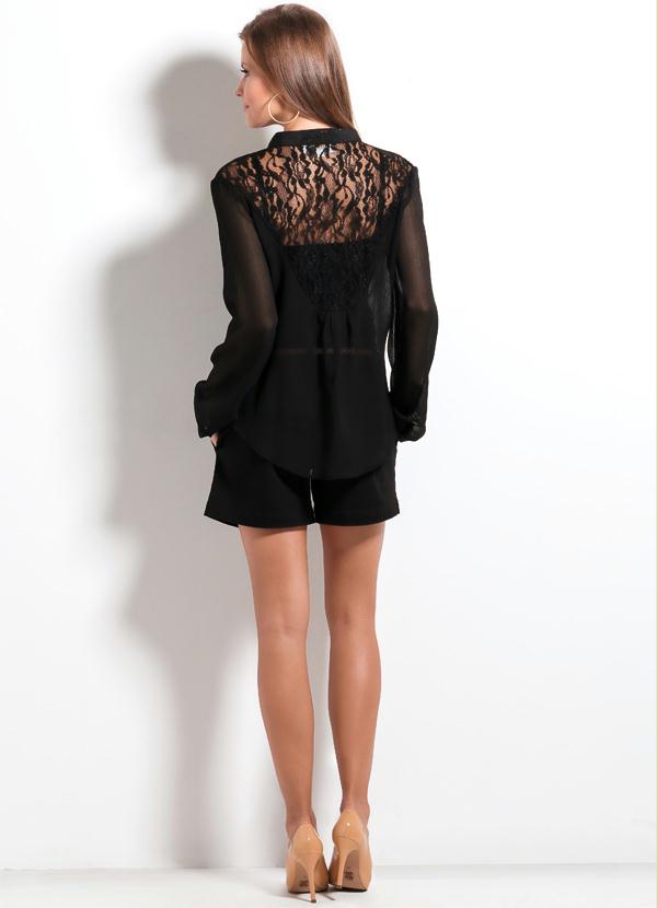Ah - Camisa Chiffon Detalhe em Renda Ah Preta 5