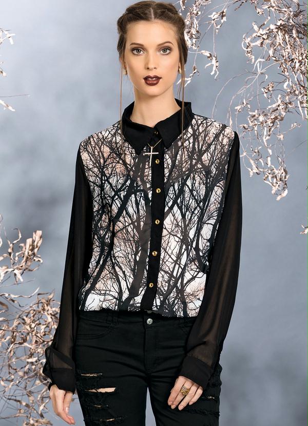 Quintess - Camisa Chiffon Estampa Frontal de Galhos