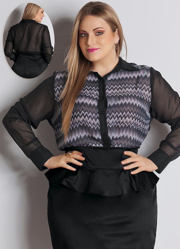 Quintess - Camisa Chiffon Plus Size Preta com Estampa