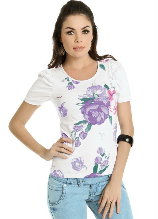 Outlet - Blusa Branca com Estampa e Manga Bufante