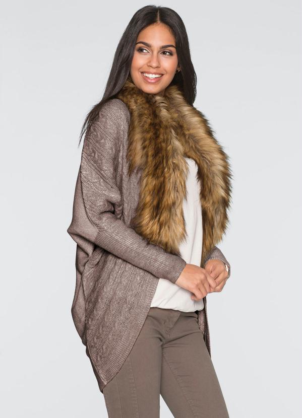 bonprix - Cardigan Alongado de Tricô com Pelo Marrom Claro