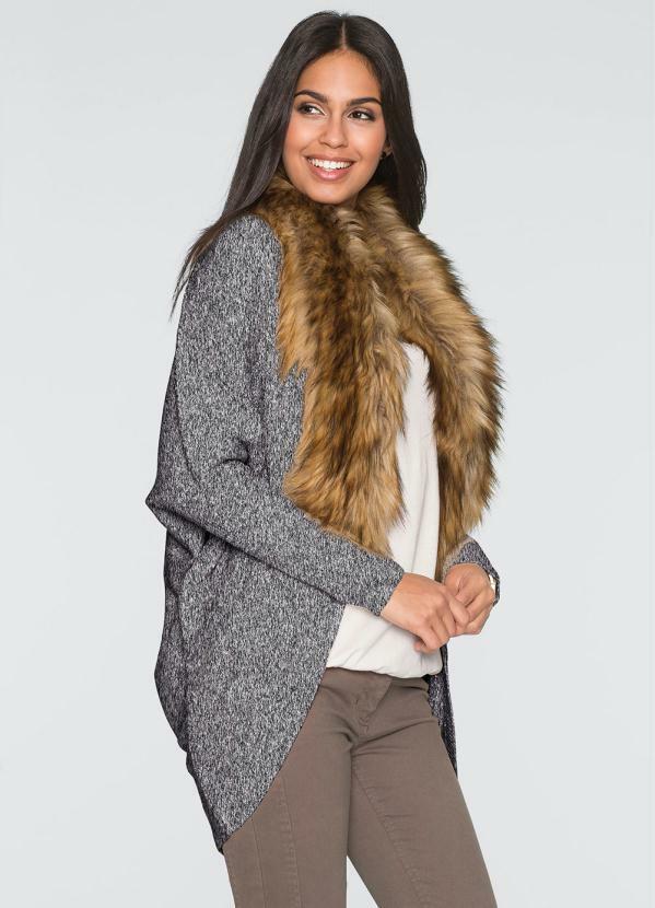bonprix - Cardigan Alongado de Tricô Gola Pelo Cinza