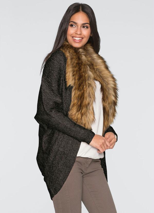 bonprix - Cardigan Alongado de Tricô Gola Pelo Preto