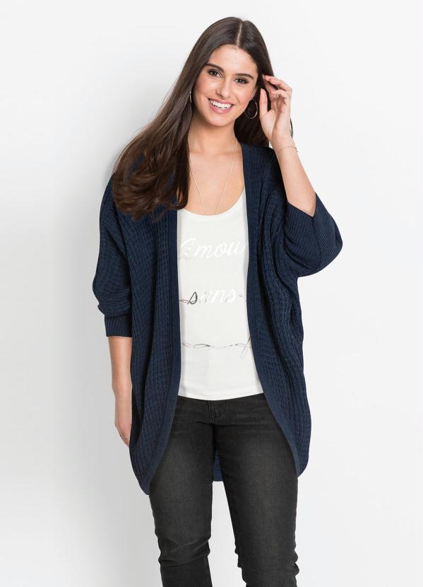 bonprix - Cardigan de Tricô Alongado Mangas Curtas Azul 3