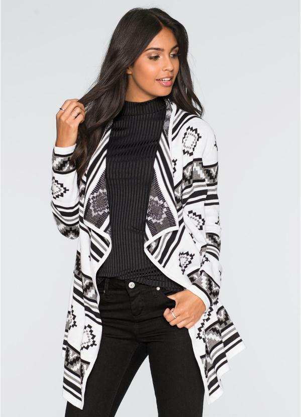 Outlet - Cardigan de Tricô Assimétrico Branco e Preto