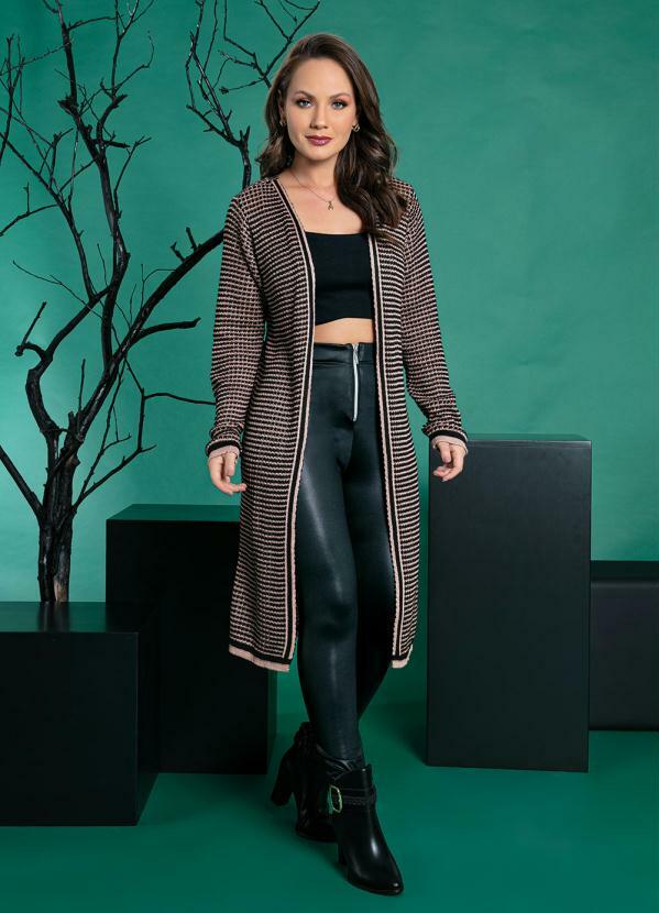 Janine - Cardigan em Tricô Xadrez com Fio Metalizado