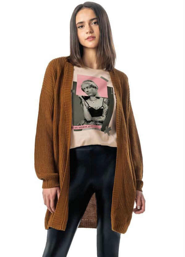 Enfim - Cardigan Marrom Feminino em Tricô