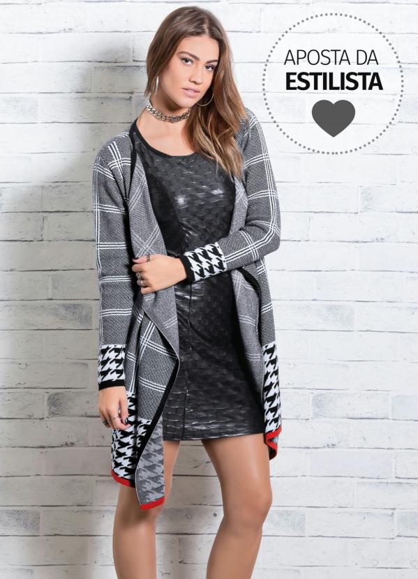 Quintess - Cardigan em Tricô Alongado Xadrez Quintess