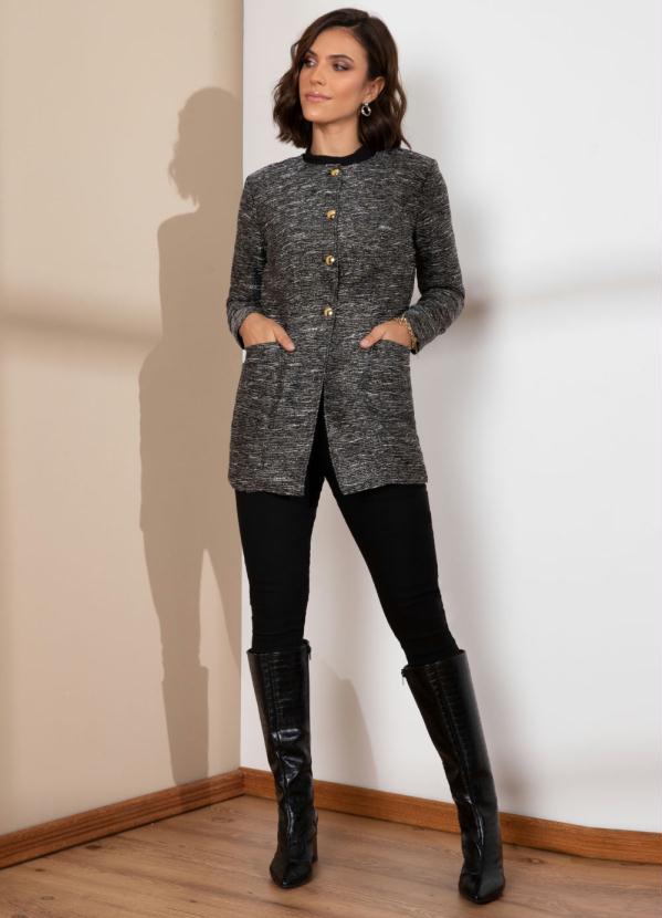 Quintess - Casaco com Bolsos Preto Mesclado com Brilho 3