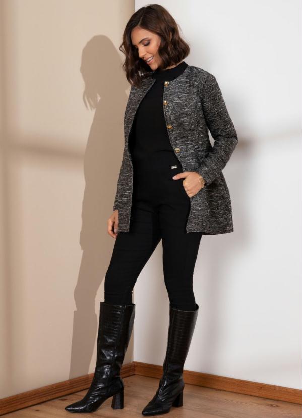 Quintess - Casaco com Bolsos Preto Mesclado com Brilho 5