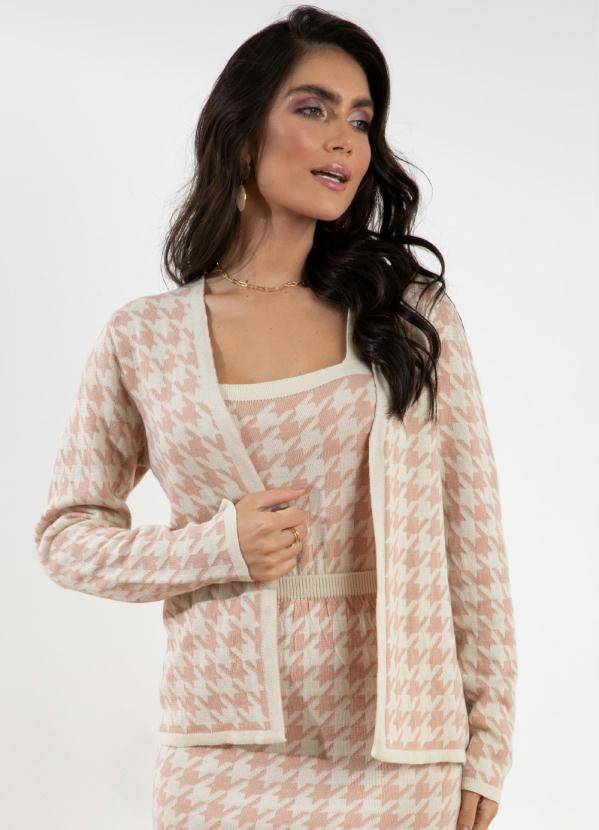 Outlet - Casaco de Tricô Pied de Poule Off White e Rosê 5