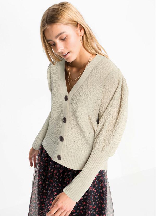 bonprix - Casaco em Tricô com Mangas Bufantes Bege