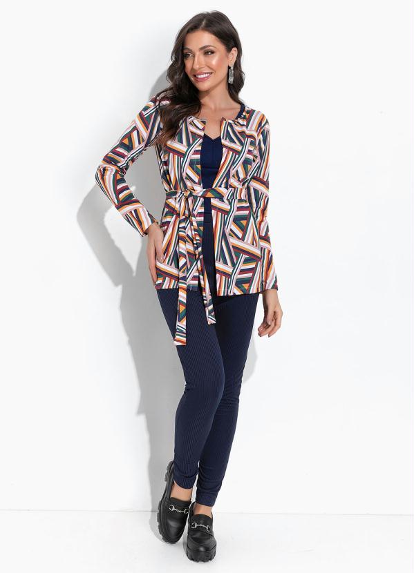 Moda Pop - Casaco Listras Mostarda com Faixa para Amarrar 3