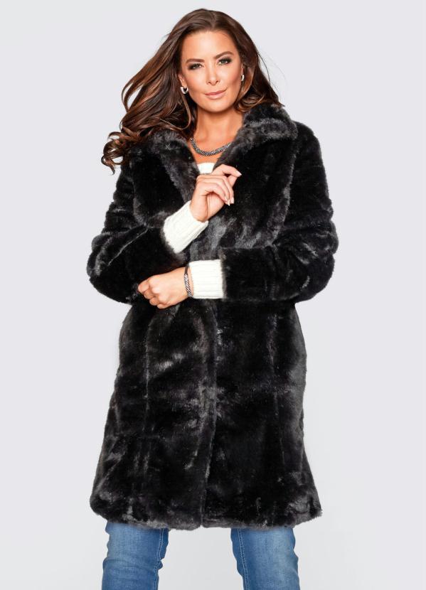 bonprix - Casaco Sobretudo Pelo Sintético Cinza Chumbo