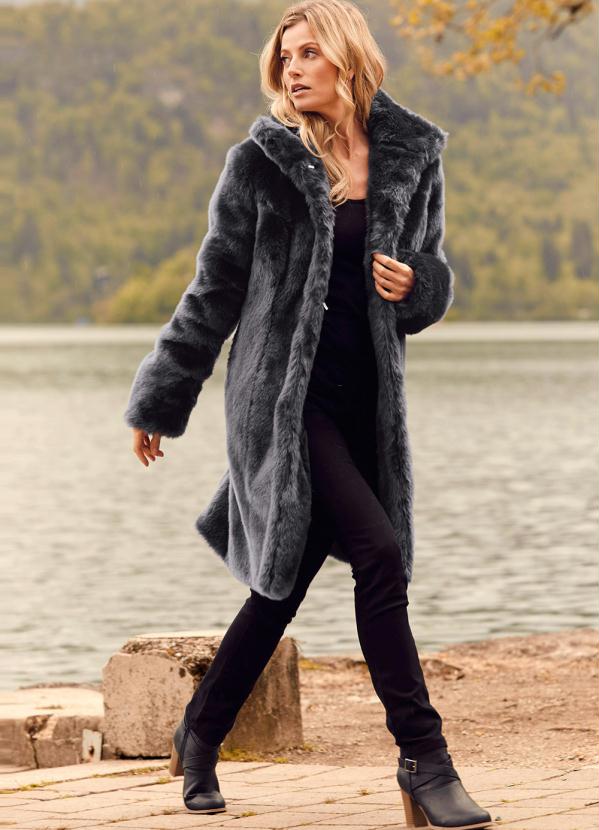 bonprix - Casaco Sobretudo Pelo Sintético Cinza Chumbo 6