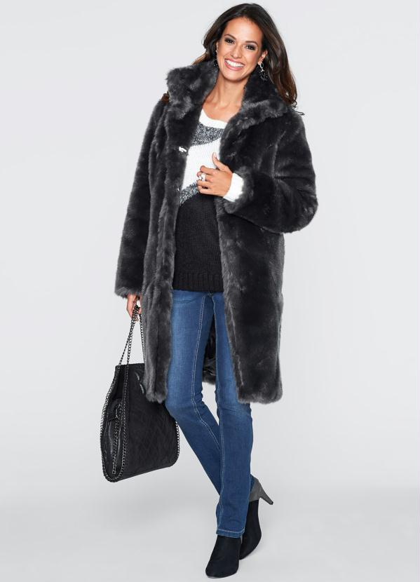 bonprix - Casaco Sobretudo Pelo Sintético Cinza Chumbo 7