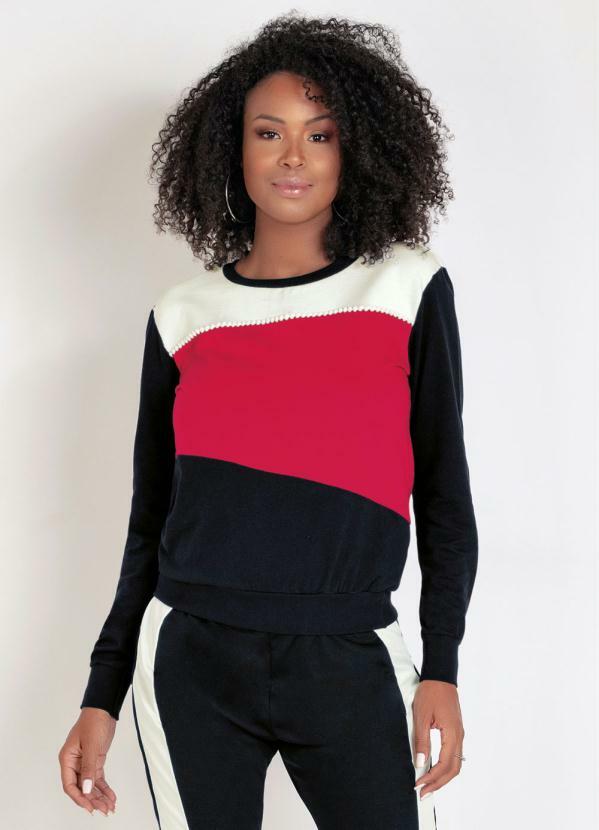 Outlet - Casaco Vermelho Off White e Preto com Pompons