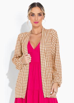 Moda Pop - Casaco Xadrez Alongado com Manga Longa Bufante - MODA POP