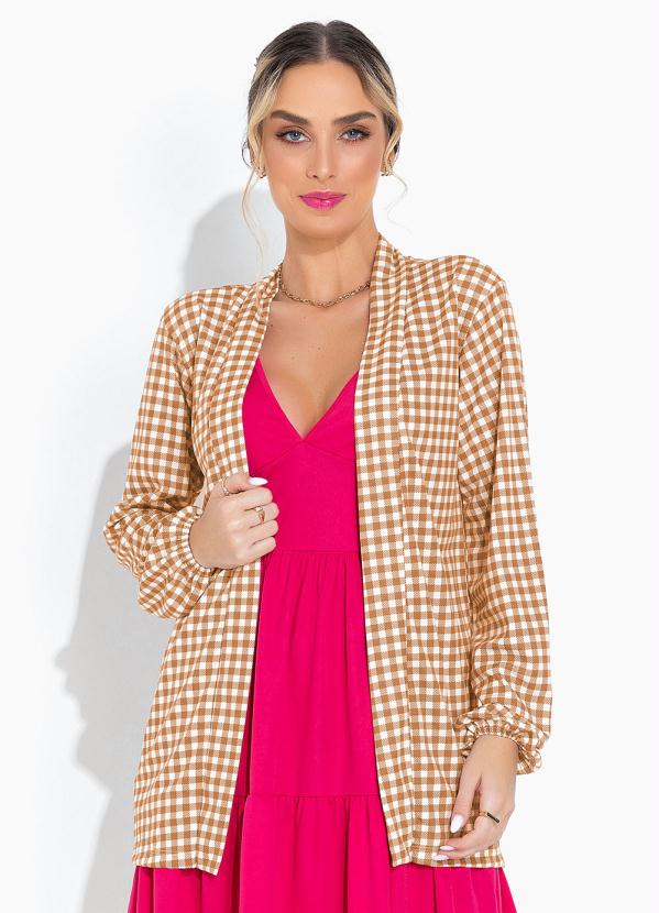 Moda Pop - Casaco Xadrez Alongado com Manga Longa Bufante