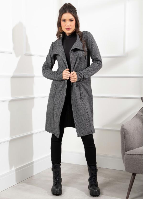 Quintess - Casaco Xadrez Cinza Alongado com Bolsos 2