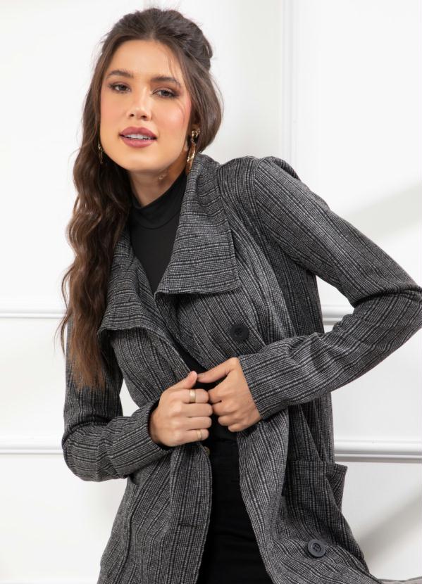 Quintess - Casaco Xadrez Cinza Alongado com Bolsos 4