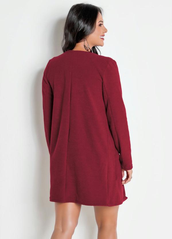 Outlet - Maxi Casaco Bordô de Plush Peluciado com Bolsos 2