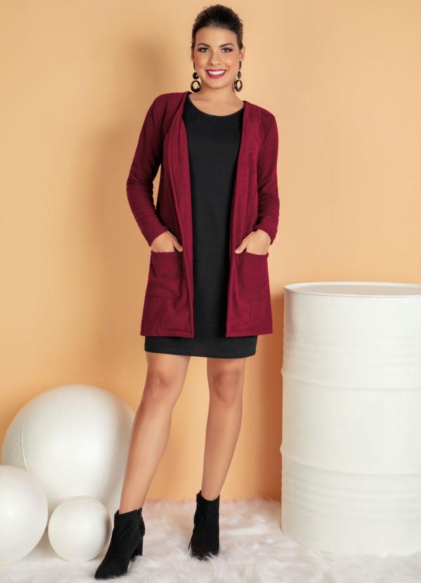 Outlet - Maxi Casaco Bordô de Plush Peluciado com Bolsos 3