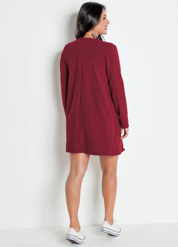 Outlet - Maxi Casaco Bordô de Plush Peluciado com Bolsos 5