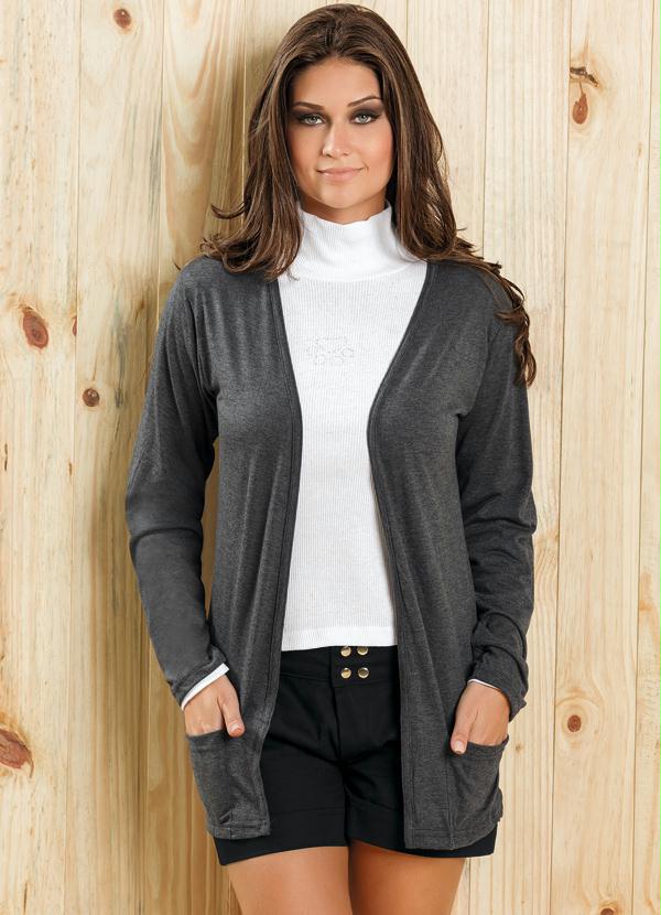 Outlet - Cardigan Cinza com Bolsos Frontais