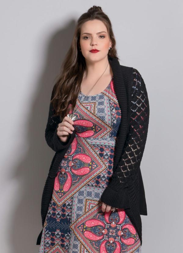 Quintess - Cardigan de Lã Alongado Preto Plus Size