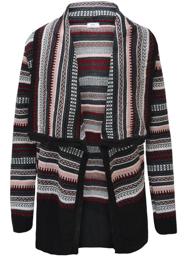 Outlet - Cardigan de Tricô com Gola Étnico Preto 3