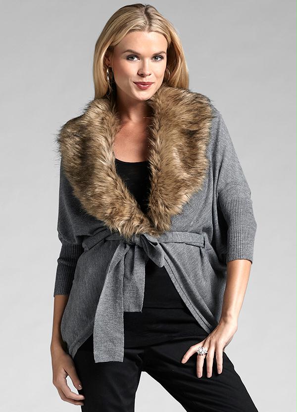 Outlet - Cardigan de Tricô com Pelo Sintético Cinza