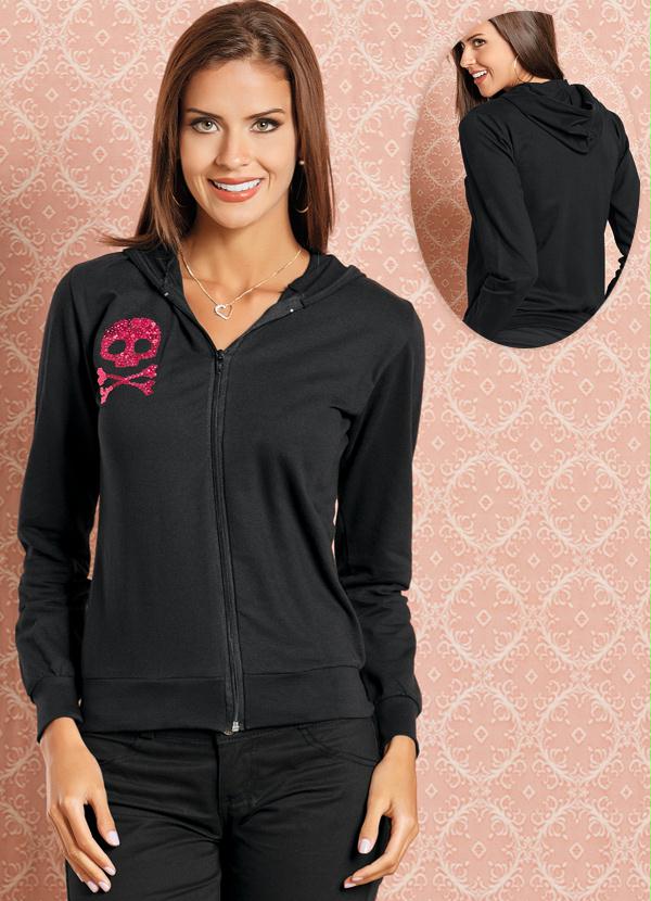 Outlet - Casaco Caveira em Paetê com Capuz Preto