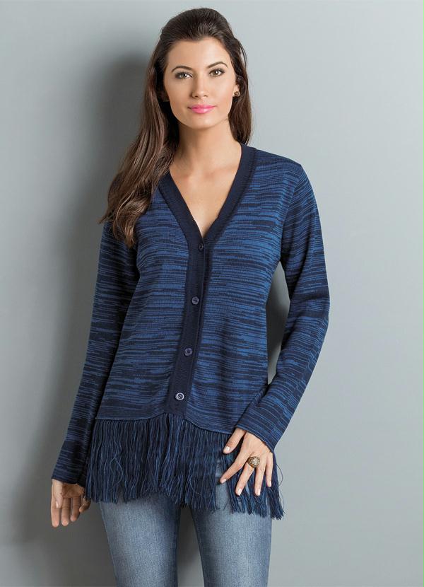 Janine - Casaco de Lã Azul Detalhe Franja na Barra