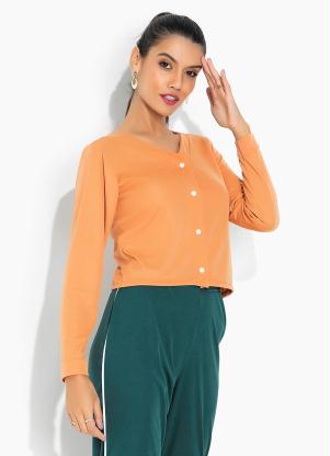 Moda Pop - Casaquinho Pêssego com Mangas Longas e Botões - MODA POP