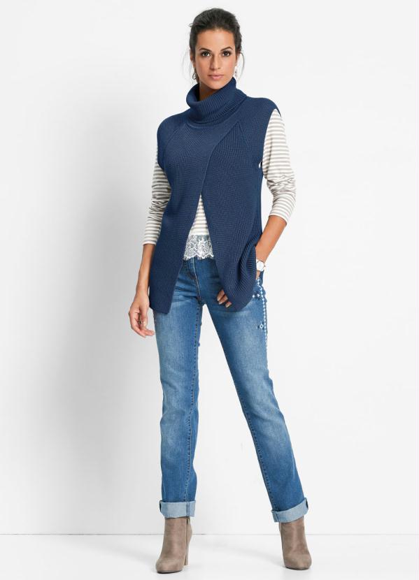 bonprix - Colete de Tricô Transpassado Azul 5