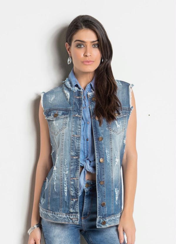 Sawary Jeans - Colete Jeans Sawary Alongado Destroyed Azul