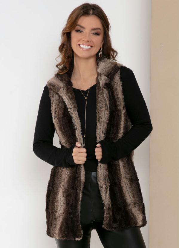 Quintess - Colete Marrom com Pelos e Bolsos Funcionais