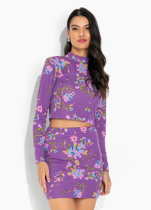 Moda Pop - Conjunto Floral Roxo com Gola e Cintura Alta
