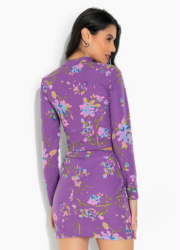 Moda Pop - Conjunto Floral Roxo com Gola e Cintura Alta 2