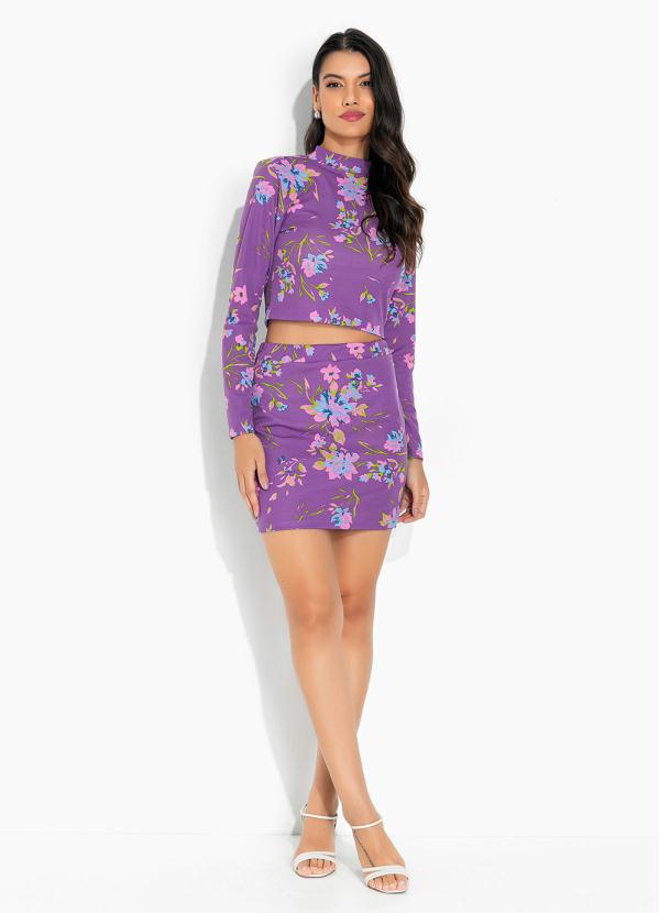 Moda Pop - Conjunto Floral Roxo com Gola e Cintura Alta 3