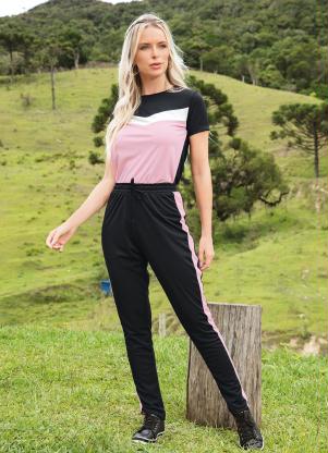 Moda Pop - Conjunto Blusa e Calça Preto e Rosa